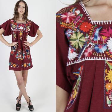 Maroon Mexican Dress / Flutter Sleeve Fiesta Dress / Ethnic Burgundy Bright Floral Boho Womens Puebla Mini Dress 