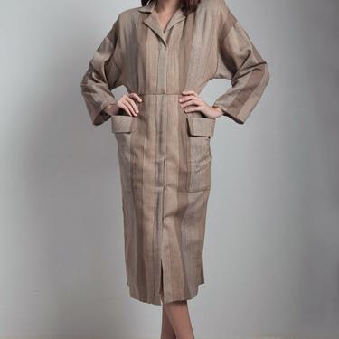 80s vintage coat dress deep pocket button down brown two tone striped MEDIUM M 