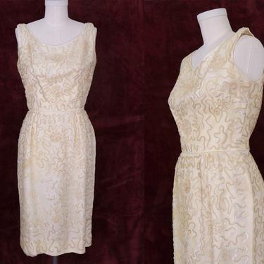 1960s Cocktail Dress/ Vintage Sequence Dress/ Cream Mad Men Dress/ Union Made Party Dress/ Fitted Hourglass Cut/ Abstract Design/ Size Small 