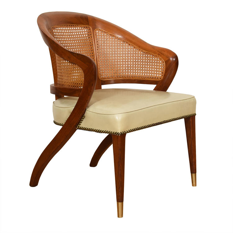 Mid Century Modern Walnut Accent Arm Chair w\/ Rattan Back