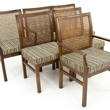 Lane Mid Century Cane Backed Walnut Dining Chairs - Set of 6 - mcm 