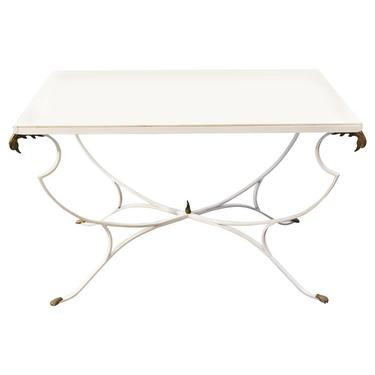 Hollywood Regency White Metal Table with Milk Glass Top and Duck Heads