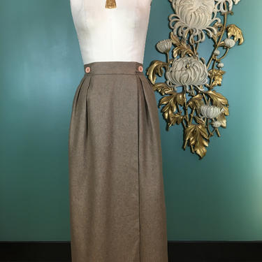 1980s wool skirt, vintage wrap skirt, high waist skirt, 80s midi skirt, tan wool skirt, spitalnick skirt, 28 29 waist, minimalist style 