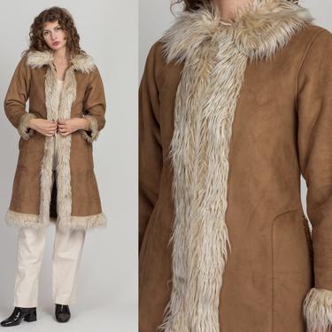 Vintage 70s Style Shaggy Trim Coat - Extra Small | Brown Faux Suede Fur Trim Retro Penny Lane Hippie Winter Jacket 