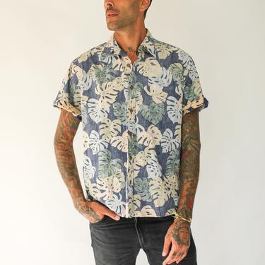 Vintage 90s Cooke Street Hawaiian Watercolor Palm Leaf Shirt | 100% Cotton | Size Medium | 1990s Reverse Print Blue Palm Hawaiian Shirt 