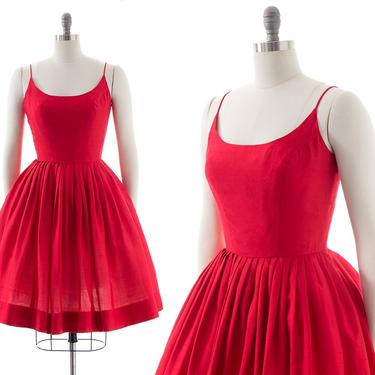 Vintage 1950s Sundress | 50s Red Silk Spaghetti Strap Fit and Flare Full Skirt Evening Cocktail Party Dress (medium) 