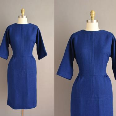 vintage 1950s dress | Alison Ayres Cobalt Blue Winter Wiggle Dress | Large | 50s vintage dress 
