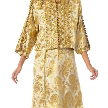 1970S Gold Metallic Poly Lurex Embroidered Suit Woven With Golden Peacocks! 