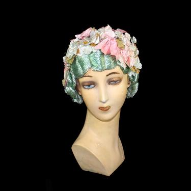RESERVED ---RARE 1920s Wig Cloche / ORIGINAL 20s Flapper Sea Foam Blue Green Raffia Fingerwave Wig with Flowers! 
