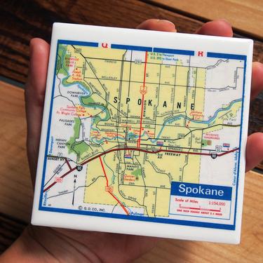 1976 Spokane Washington Map Coaster - Ceramic Tile - Repurposed Vintage 1970s Exxon Road Map - Handmade 