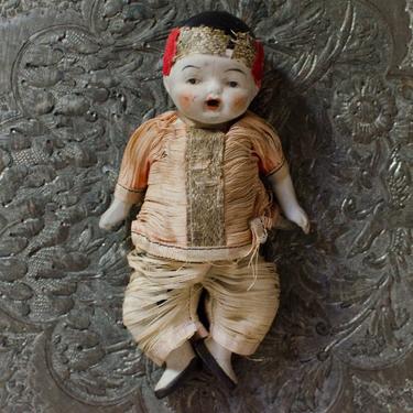 Antique Porcelain Bisque Japanese Hand Painted Jointed Doll Silk Clothing 