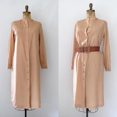 A SHIRT THING Vintage 80s Shirtdress, 1980s Beige Rayon Midi Shift Dress, Pintuck Bib Front | 90s 1990s Minimalist, Versatile | Medium Large 