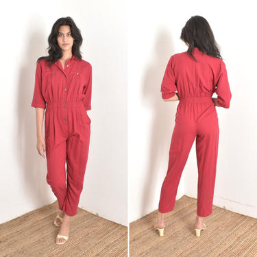 Vintage 1980s Jumpsuit / 80s Ideas Slouchy Rayon One Piece / Red ( medium M ) 