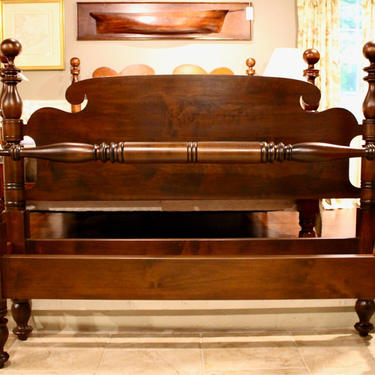 Ball Top Bed in Maple, Original Posts Circa 1820, Resized to Queen with Ram's Ear Headboard &amp; Turned Blanket Rail