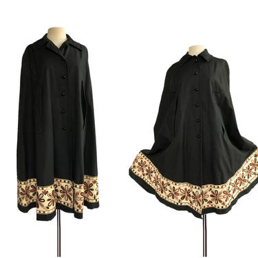 Vintage 60s black cape with ethnic embroidery trim| Bigi at Bergdorf’s| opera cape| Rajasthani embroidery inspired 