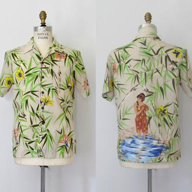 TOTALLY TROPICAL Vintage 70s Kennington Hawaiian Shirt | 1970s Aloha Floral Pinup Print | 80s 1980s Hawaii, Tiki, Surfer | Mens Size Medium 