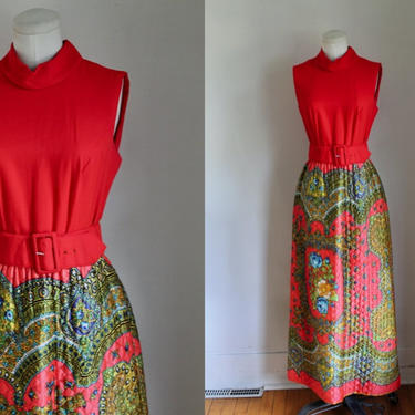 Vintage 1970s Quilted Psychedelic Maxi Dress / S 