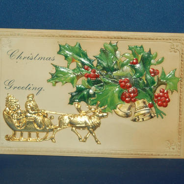 1908 Novelties Metal Applique St. Nicholas, Sleigh w/ Reindeer Christmas Greeting Embossed w Applique Holly, Berries &amp; Golden Bells Postcard 