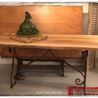 Vintage European Rusty Iron Table base, with custom Chestunut Oak Live Edge Table top, Free Aldie VA pickup/Shipping extra 