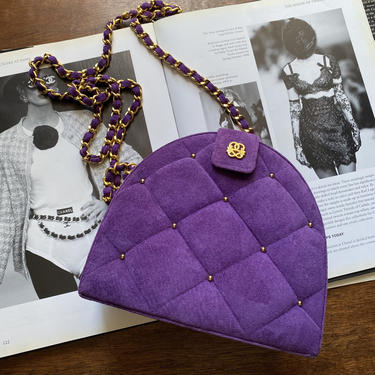 Vintage Purple Suede Quilted Leather Purse with Gold Chain Link Strap 