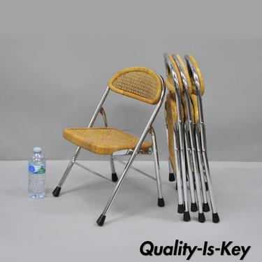 4 Vtg Childrens Childs Folding Chairs Cane Wicker &amp; Metal Mid Century Modern