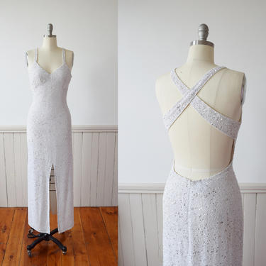Vintage Fully Beaded Backless Silk Column Gown | 1990s | M/L 