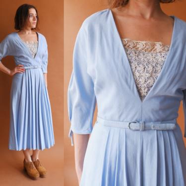 Vintage 50s Baby Blue Pleated Dress with Rhinestone Lace Yoke/ 1950s Spring Day Dress/ Size Small Medium 27 