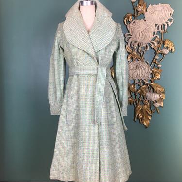vintage coat, aqua and green, vintage coat, exaggerated collar, tie waist, pastel, wool coat, fit and flare, size medium, 1970s coat, 36 