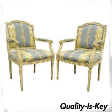 Pair of French Louis XVI Style Carved Cream Painted Fauteuil Dining Arm Chairs B