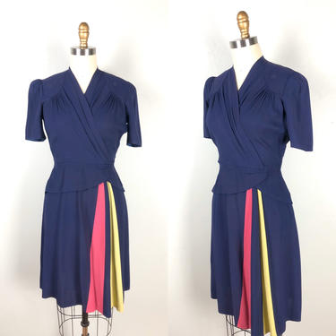 Vintage 1940s Color Block Dress Flirty Swing Dress with Wrap Waist 1940's Forties 