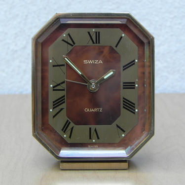 Swiza Small Quartz Brass Desk Clock with Brown Face 