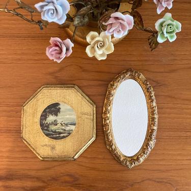 gold florentine oval mirror and landscape plaque picture - made in italy 
