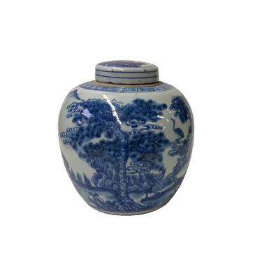 Hand-paint Longevity Crane Graphic Blue White Porcelain Ginger Jar ws1749E 
