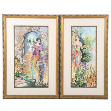 Two Framed Watercolors of Ladies in Gardens