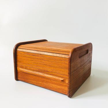 Mid Century Teak Wood Tambour Door Storage Box 