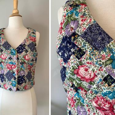 Vintage 1970s Floral Patchwork Quilted Vest | Size Medium 