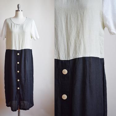 Vintage 1990s Color Block Linen Dress | 90s Black, Beige and White Shift Dress with Buttons | M/L 
