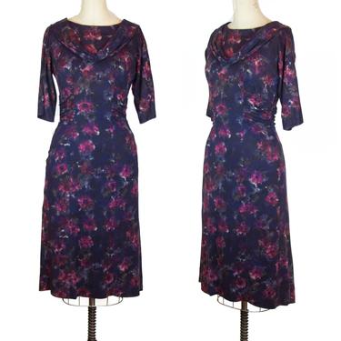1950s Dress ~ Purple Orchid Mottled Stretchy Jersey Wiggle Dress 