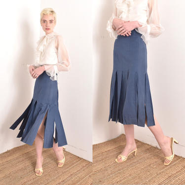 Vintage 1980s Skirt / 80s Linen Carwash Skirt / Navy Blue ( small S ) 