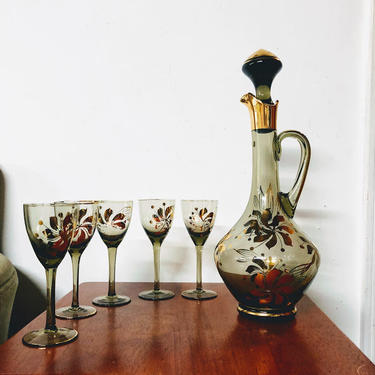 Vintage Mid Century Modern Hungary Smoke Glass and Gold Etching Decanter with 5 Glasses 