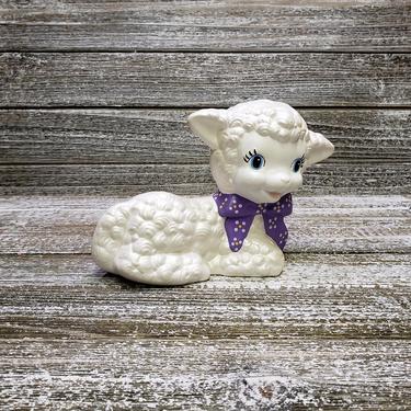 Vintage Ceramic Lamb, 1980s White Wooly Easter Lamb Figurine, Vintage Home Decor, Baby Sheep w/ Purple Bow Boy Girl Nursery, Vintage Holiday 