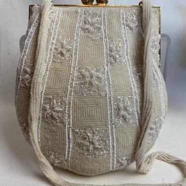 VTG beaded purse~ glass beads 1950’s-60’s clamshell clutch long pearly strap~ antique sparkly white beads 