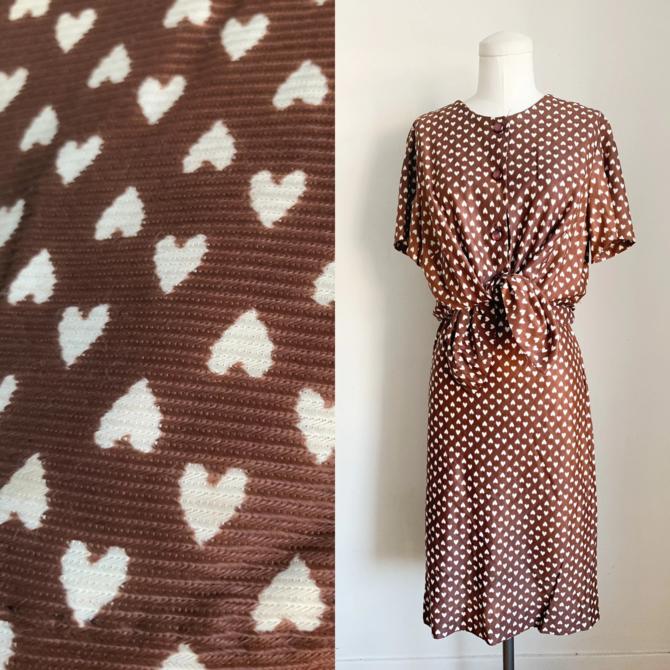Vintage 1970s Brown Heart Novelty Print 2pc Dress set / L 