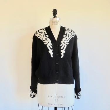 Vintage 1980's Black Wool with White Soutache Trim Cardigan Sweater Thick Warm Fall Winter French Connection Size Large 