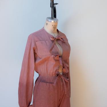 1970s Tie Front Jumpsuit | 70s Brown Dip Dye Cotton Jumpsuit 