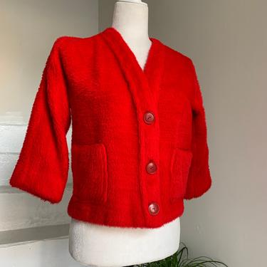1960s Faux Fur Red Plush Cropped Jacket 36 Bust Vintage 