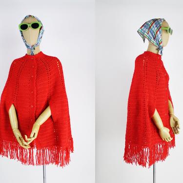 70s Vintage Mod RED Crocheted Bohemian Poncho/ Wrap / Shawl/ Ruana/ Cape / 1970s / Boho / One Size 