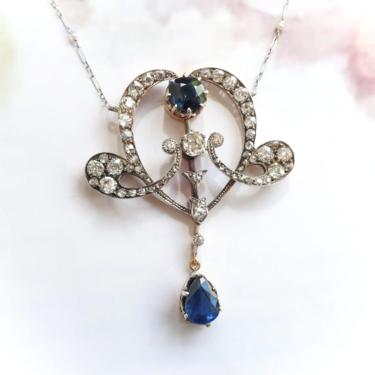 Antique Art Nouveau 6.73 ct.tw. Sapphire and Diamond Statement Necklace Silver 18k with Seed Pearl Platinum Chain 