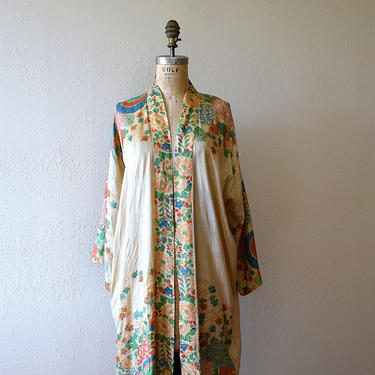 1920s silk pongee robe . vintage 20s floral robe 