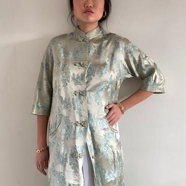 60s brocade Dynasty duster robe / vintage silk satin brocade seafoam Cheongsam style house dress duster / Asian Qi Pao robe | S 